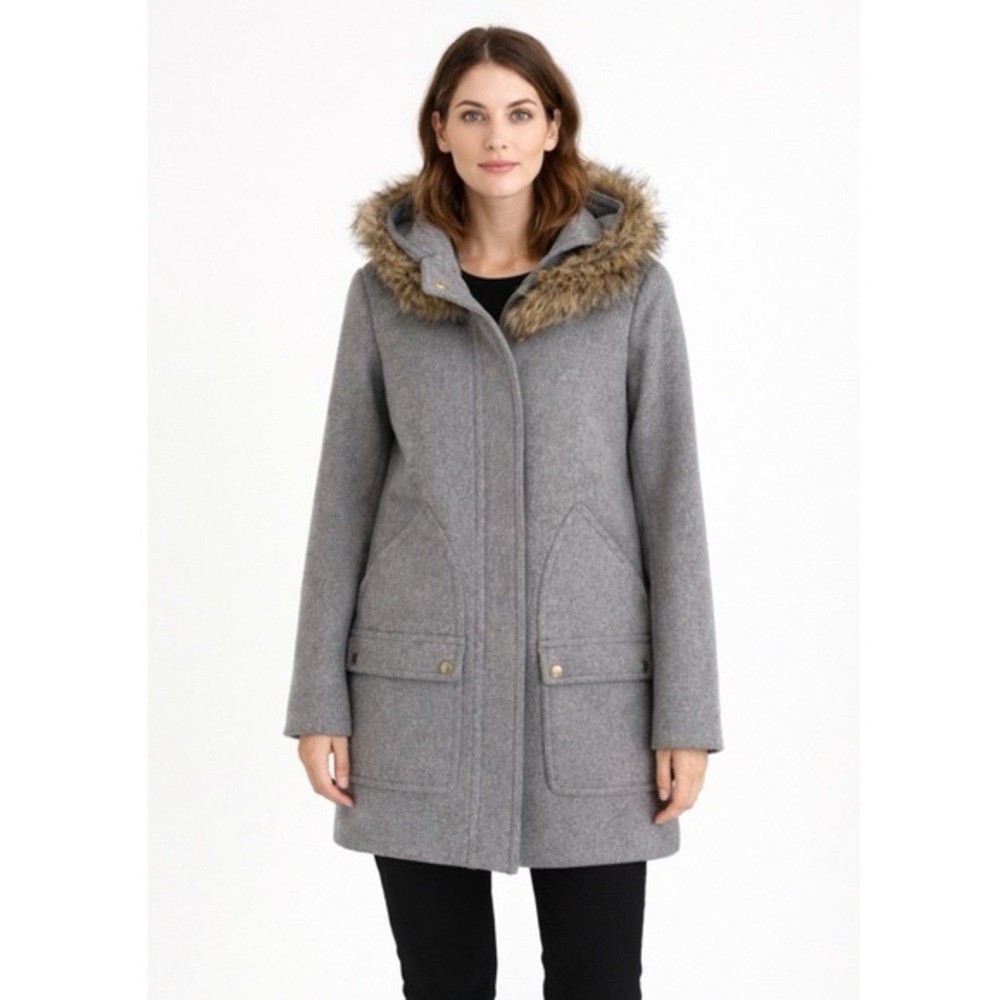 J. Crew Gray Hooded Coat with Faux Fur Trim